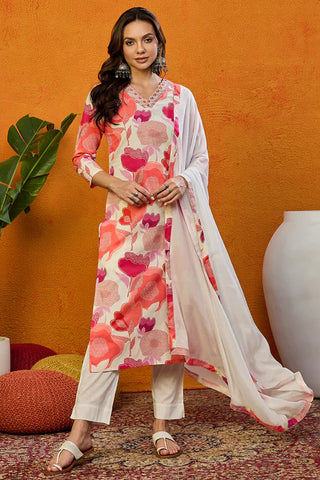 White Cotton Blend Floral Print Straight Shape Suit Set with Dupatta