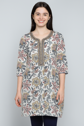White Cotton Printed Straight Shape Kurta