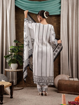 White Cotton Paisley Work Detailing Straight Shape Suit Set with Voile Dupatta