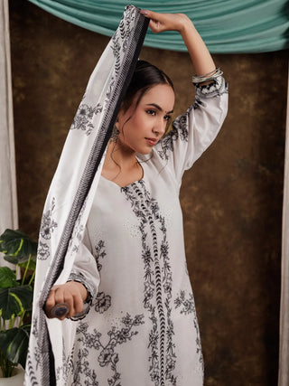 White Cotton Paisley Work Detailing Straight Shape Suit Set with Voile Dupatta