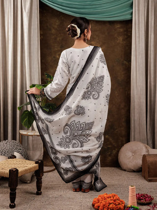 White & Black Cotton Paisley Work Detailing Straight Shape Suit Set with Voile Dupatta