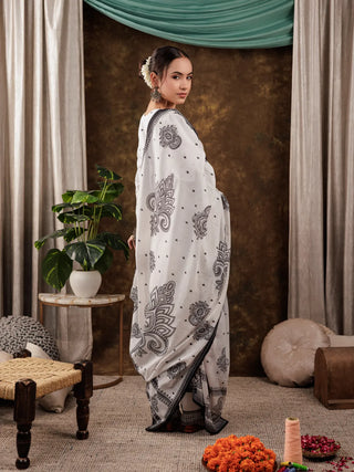 White & Black Cotton Paisley Work Detailing Straight Shape Suit Set with Voile Dupatta