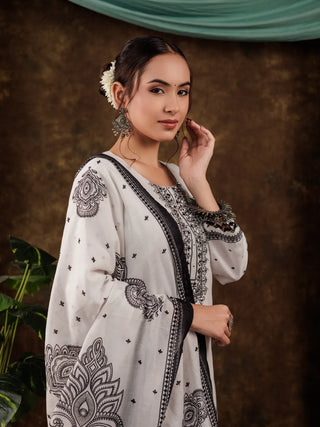 White & Black Cotton Paisley Work Detailing Straight Shape Suit Set with Voile Dupatta