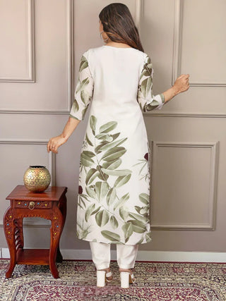 White French Crepe Embroidered & Printed Kurta with Rayon Bottom Teamed with Organza Dupatta