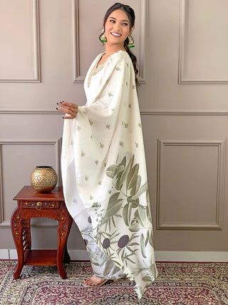 White French Crepe Embroidered & Printed Kurta with Rayon Bottom Teamed with Organza Dupatta