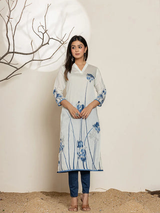 White Silk Blend Digital Floral Printed Kurta