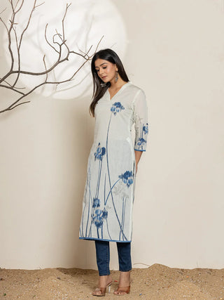 White Silk Blend Digital Floral Printed Kurta