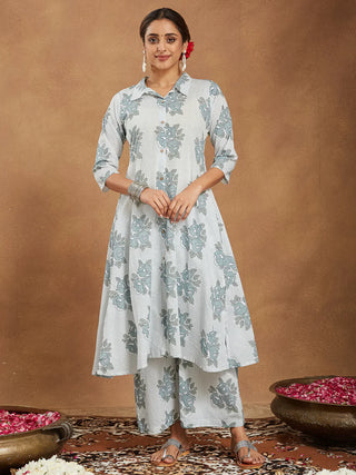 White Cotton A Line Floral Print Kurta Bottom Set