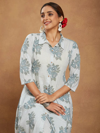 White Cotton A Line Floral Print Kurta Bottom Set