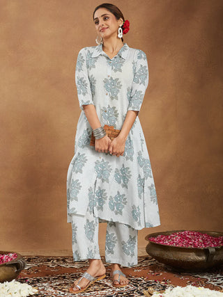 White Cotton A Line Floral Print Kurta Bottom Set