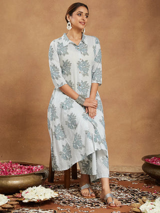 White Cotton A Line Floral Print Kurta Bottom Set