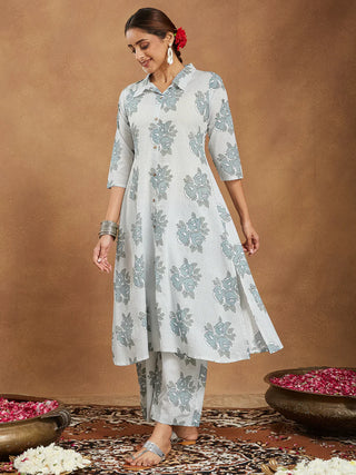 White Cotton A Line Floral Print Kurta Bottom Set