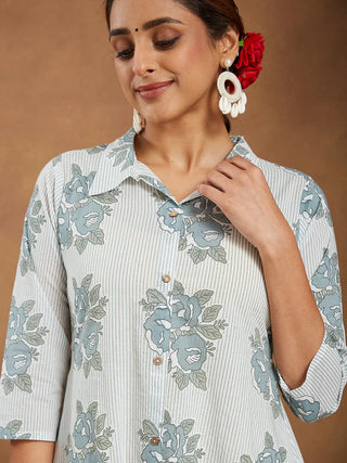 White Cotton A Line Floral Print Kurta Bottom Set