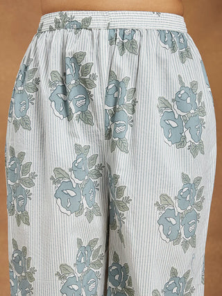 White Cotton A Line Floral Print Kurta Bottom Set