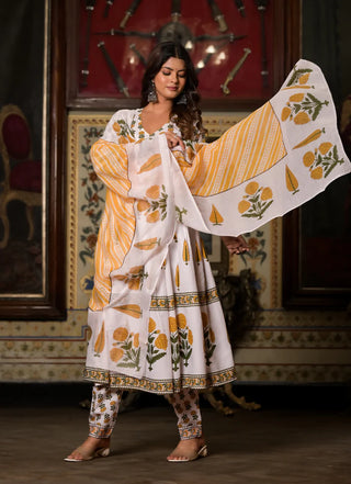 White Viscose Floral Print A Line Suit Set with Chanderi Cotton Dupatta