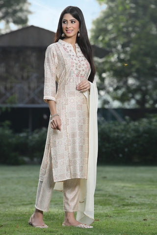 Off White Viscose Muslin Straight Shape Suit Set with Chiffon Dupatta