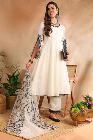 White Silk Blend Embroidered Anarkali Suit Set with Organza Dupatta