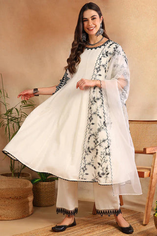 White Silk Blend Embroidered Anarkali Suit Set with Organza Dupatta