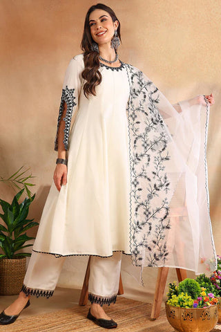 White Silk Blend Embroidered Anarkali Suit Set with Organza Dupatta