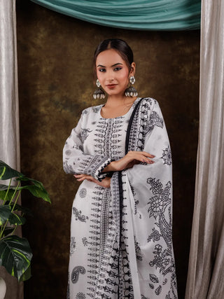 White & Black Cotton Paisley Work Detailing Straight Shape Suit Set with Voile Dupatta