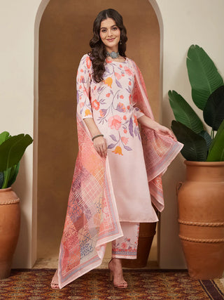 White & Peach Cotton Blend Geometric Print Suit Set with Chanderi Blend Dupatta