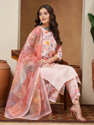 White & Peach Cotton Blend Geometric Print Suit Set with Chanderi Blend Dupatta