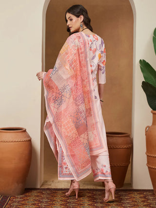 White & Peach Cotton Blend Geometric Print Suit Set with Chanderi Blend Dupatta