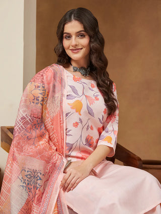 White & Peach Cotton Blend Geometric Print Suit Set with Chanderi Blend Dupatta