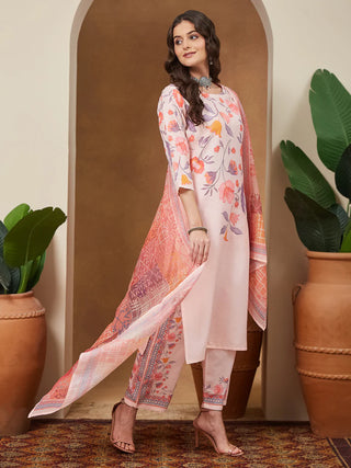 White & Peach Cotton Blend Geometric Print Suit Set with Chanderi Blend Dupatta