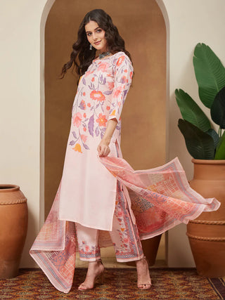 White & Peach Cotton Blend Geometric Print Suit Set with Chanderi Blend Dupatta