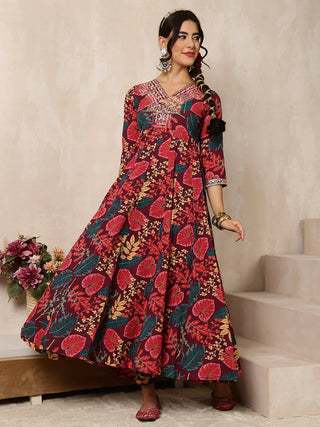 Wine Pure Cotton Floral Print Anarkali Shape Suit Set with Dupatta