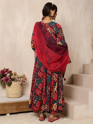 Wine Pure Cotton Floral Print Anarkali Shape Suit Set with Dupatta