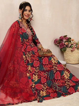 Wine Pure Cotton Floral Print Anarkali Shape Suit Set with Dupatta