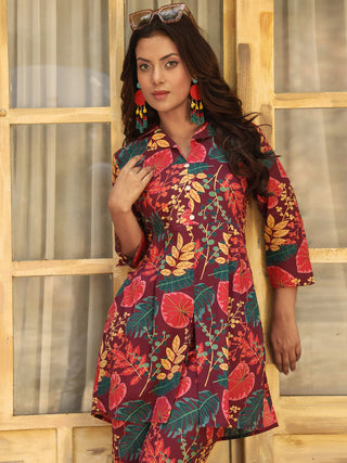 Wine Pure Cotton Floral Print Kurta Bottom Set