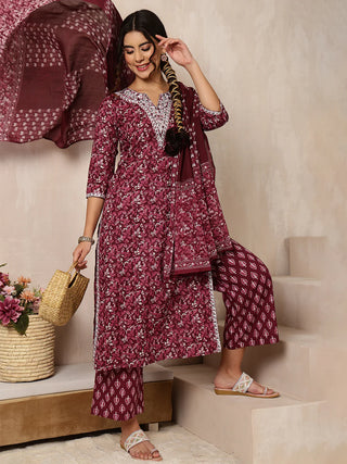 Wine Cotton Printed & Embroidered Suit Set with Dupatta