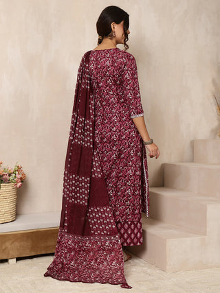 Wine Cotton Printed & Embroidered Suit Set with Dupatta