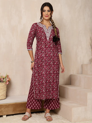 Wine Cotton Printed & Embroidered Suit Set with Dupatta
