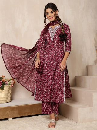 Wine Cotton Printed & Embroidered Suit Set with Dupatta