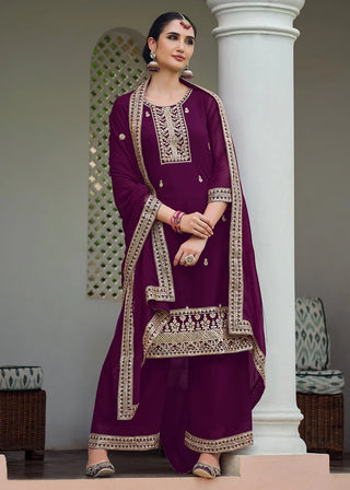 Wine Georgette Stonework Embroidered Suit Set with Dupatta