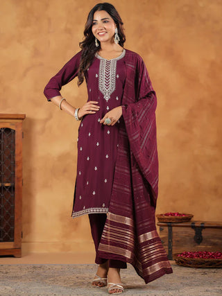 Wine Chanderi Embroidered Suit Set with Dupatta