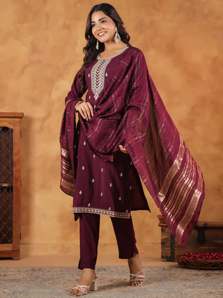 Wine Chanderi Embroidered Suit Set with Dupatta