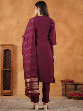 Wine Chanderi Embroidered Suit Set with Dupatta