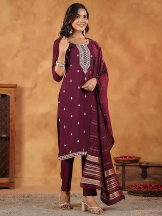 Wine Chanderi Embroidered Suit Set with Dupatta