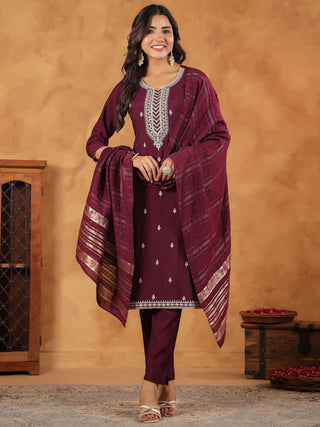 Wine Chanderi Embroidered Suit Set with Dupatta