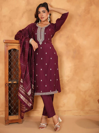 Wine Chanderi Embroidered Suit Set with Dupatta