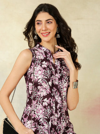 Wine Cotton Printed Sleeveless Kurta Bottom Set