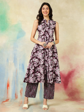 Wine Cotton Printed Sleeveless Kurta Bottom Set
