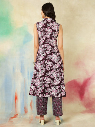 Wine Cotton Printed Sleeveless Kurta Bottom Set