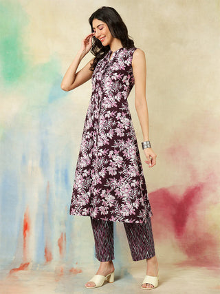 Wine Cotton Printed Sleeveless Kurta Bottom Set