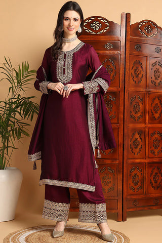 Wine Silk Blend Embroidered Straight Shape Suit Set with Dupatta